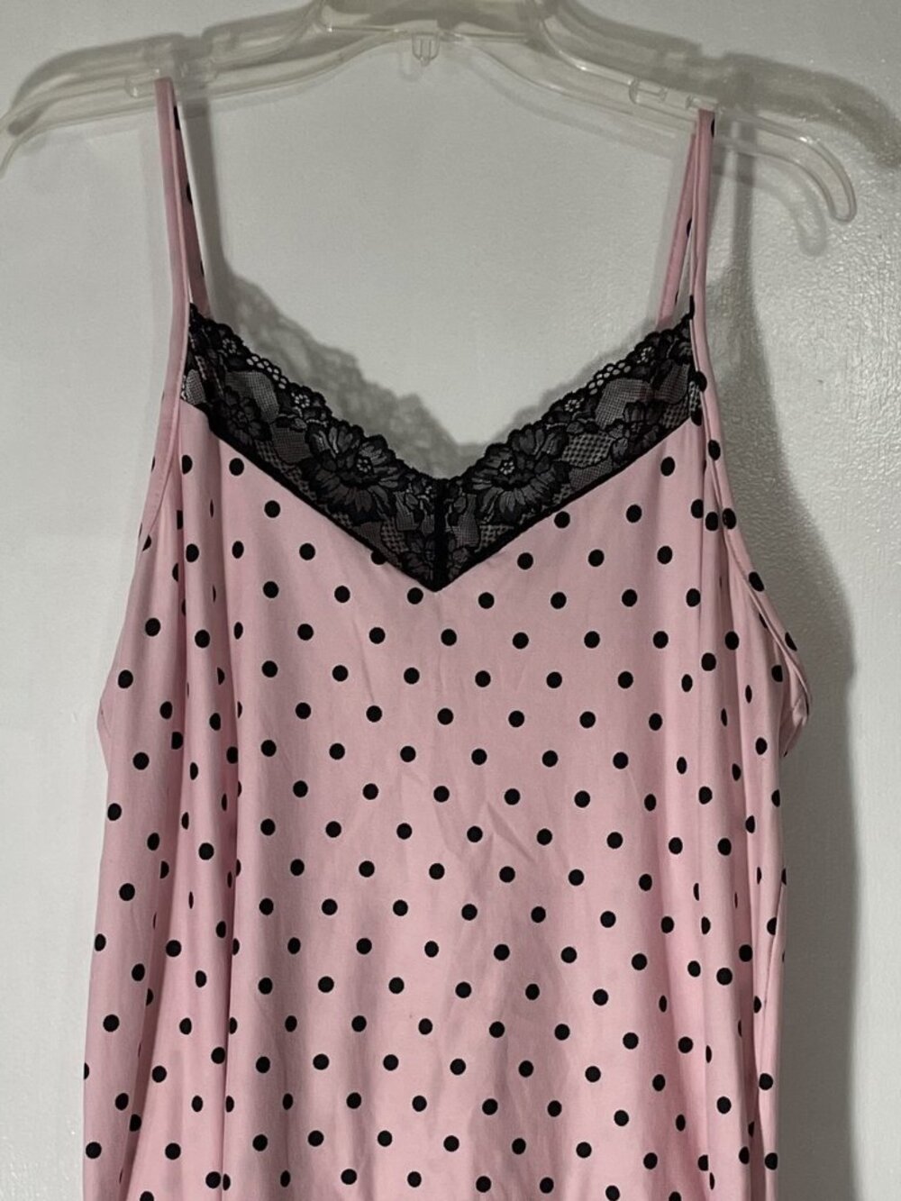 Women’s Pink Black Polka Dot Sleeveless Nightgown Large Lace Trim Soft Short